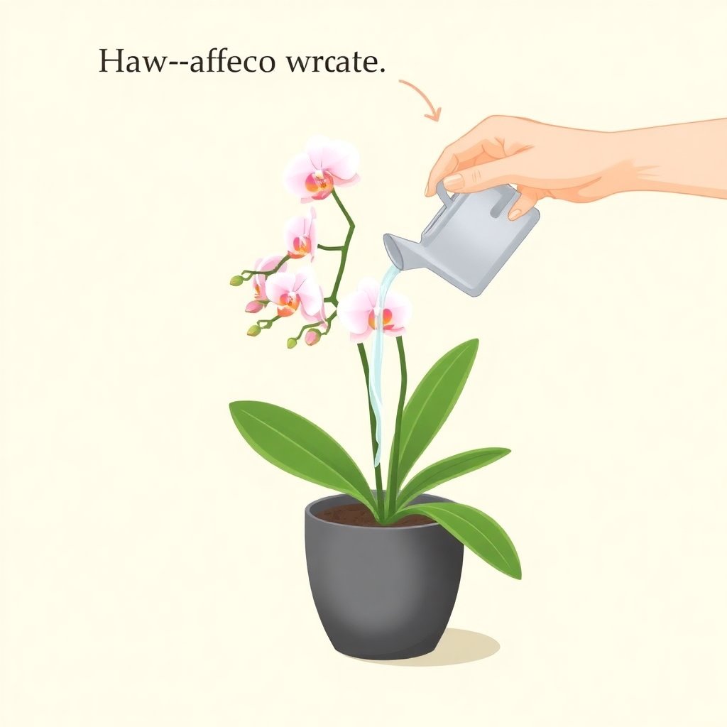 Instructional illustration of watering an orchid in a small pot, 75ml of water, hand holding a small watering can, clean aesthetic, soft lighting, botanical art style, soft cream background, high quality, detailed.