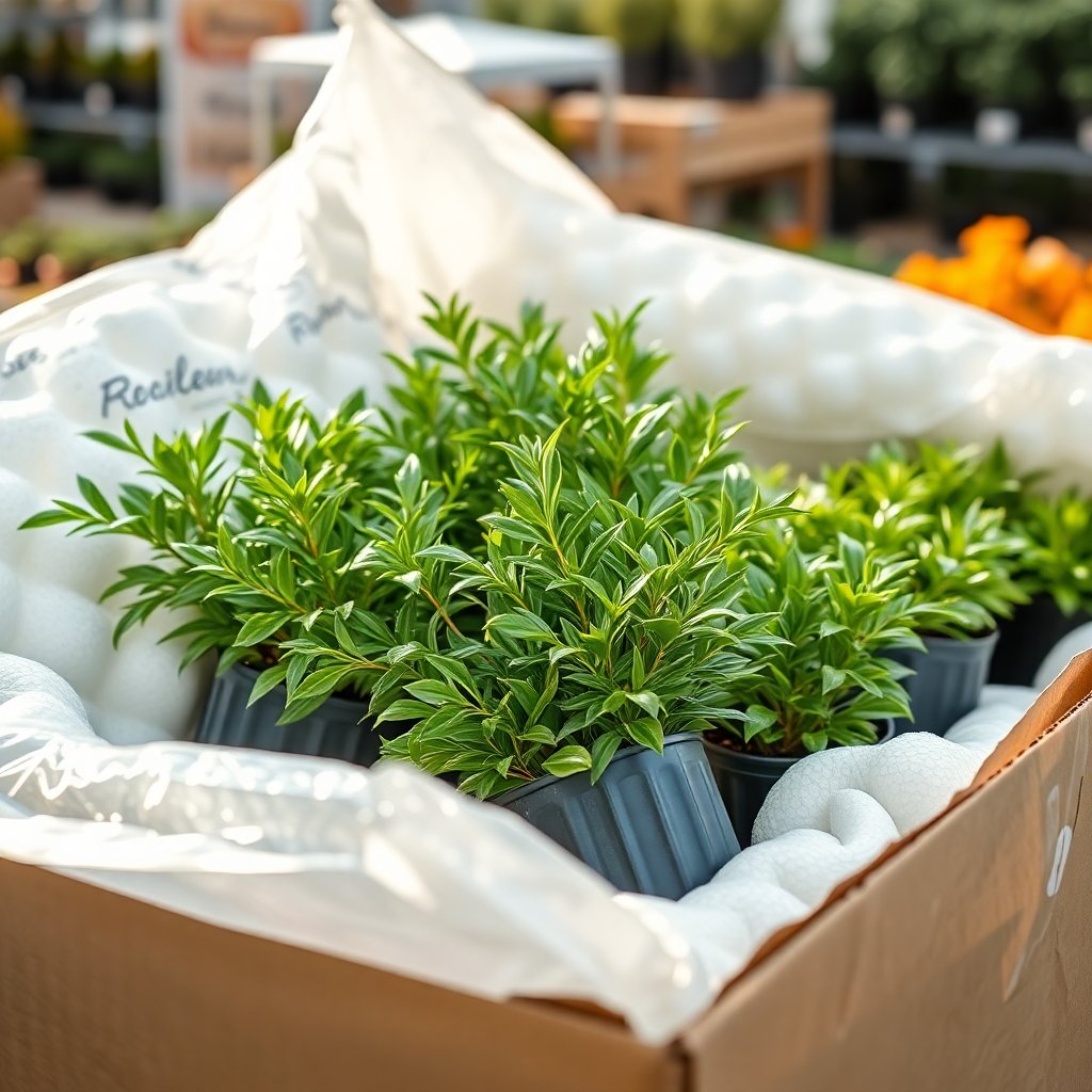 Close-up of professional plant packaging for winter shipping, showing insulating materials like white foam, bubble wrap, and careful plant placement, soft natural morning light, high quality photography, aesthetic garden center style.